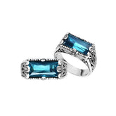 Sterling silver rectangular London Blue Topaz Quartz ring with faceted quartz and intricate Bali-inspired detailing, handcrafted artisan statement jewelry for women.